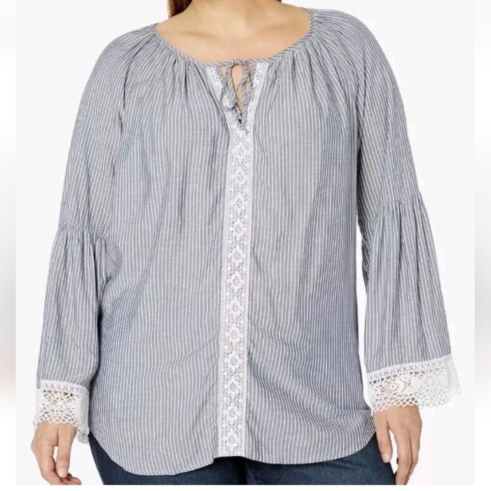 Karen Kane Newport Top Crochet Lace Flare Sleeve Plus 1X Striped Coastal New
